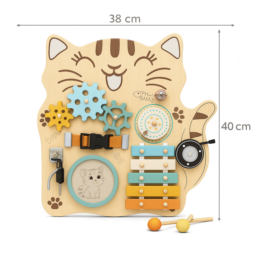 Placa educativa Montessori, Zola, activitati senzoriale, pisicuta, din lemn, 38 x 40 cm, multicolora Placa educativa Montessori, Zola, activitati senzoriale, pisicuta, din lemn, 38 x 40 cm, multicolora